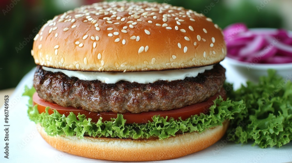 Enjoy a delicious burger piled high with fresh ingredients on a sunny day! Enjoy a delicious burger piled high with fresh ingredients on a sunny day!
