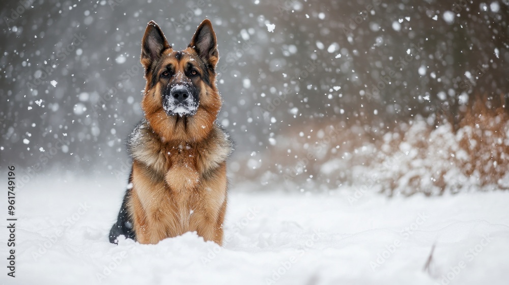 A German Shepherd sitting in the snow, surrounded by falling snowflakes in a winter landscape. A German Shepherd sitting in the snow, surrounded by falling snowflakes in a winter landscape.