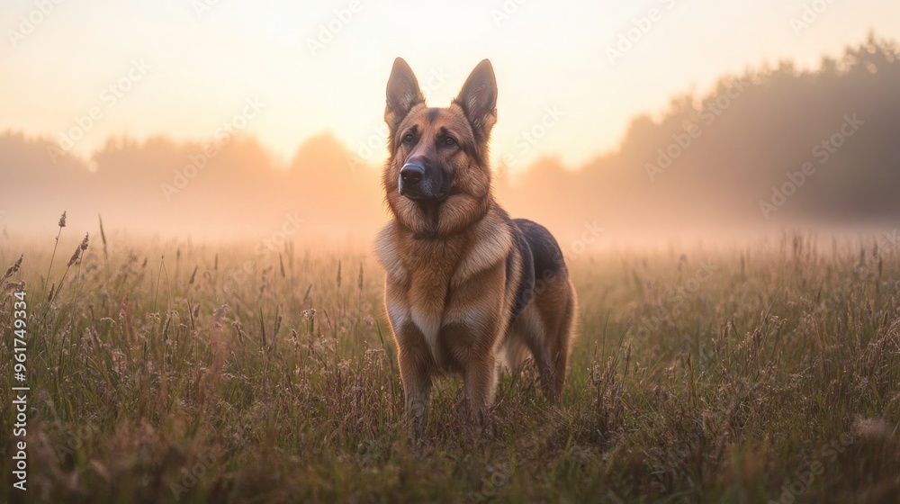 A German Shepherd standing in a misty field at dawn, exuding a serene and majestic presence. A German Shepherd standing in a misty field at dawn, exuding a serene and majestic presence.