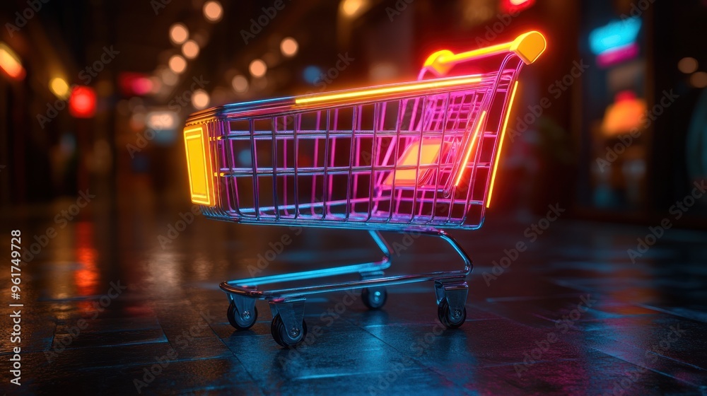 Neon Shopping Cart in City Neon Shopping Cart in City