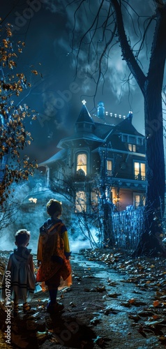 Two children stand before a dark, lit-up house on a misty night, surrounded by trees and fallen leaves.