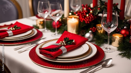  the elegance of a Christmas dinner with a detailed shot of a festive table setting.