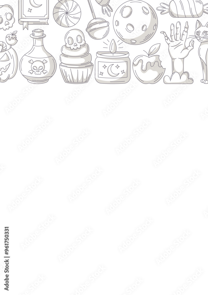 Halloween poster, vertical a4 background, space for text. Minimalist gray icons upper frame. Holiday elements, moon, cat, pumpkin, sweets, zombie hand. For card, banner, invitation, party, planner Halloween poster, vertical a4 background, space for text. Minimalist gray icons upper frame. Holiday elements, moon, cat, pumpkin, sweets, zombie hand. For card, banner, invitation, party, planner