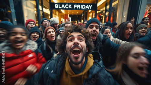Energetic crowd rushing in a mall under a Black Friday banner.