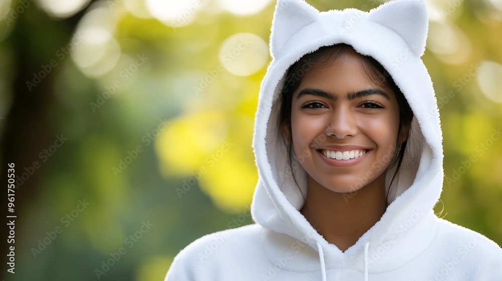 Smiling young woman wearing a white hoodie with cat ears, standing outdoors with a green blurred background.