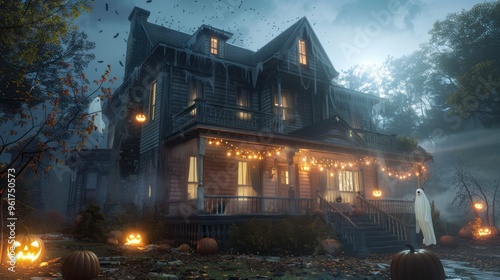 Spooky haunted house decorated with jack-o'-lanterns and lights on a foggy night, perfect for Halloween ambiance and festive chills. photo