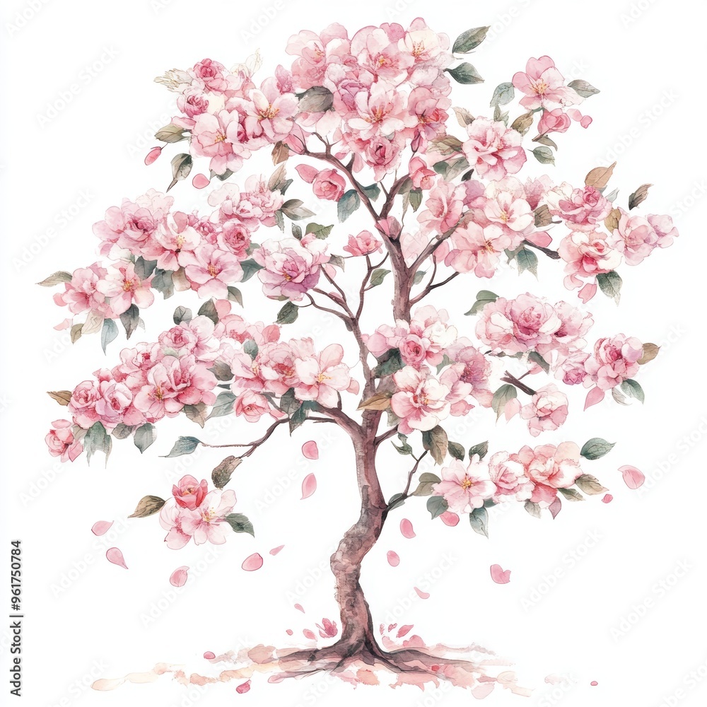 Fototapeta premium 6. Elegant sakura tree, blooming with roses and peonies, lush summer leaves, delicate watercolor style