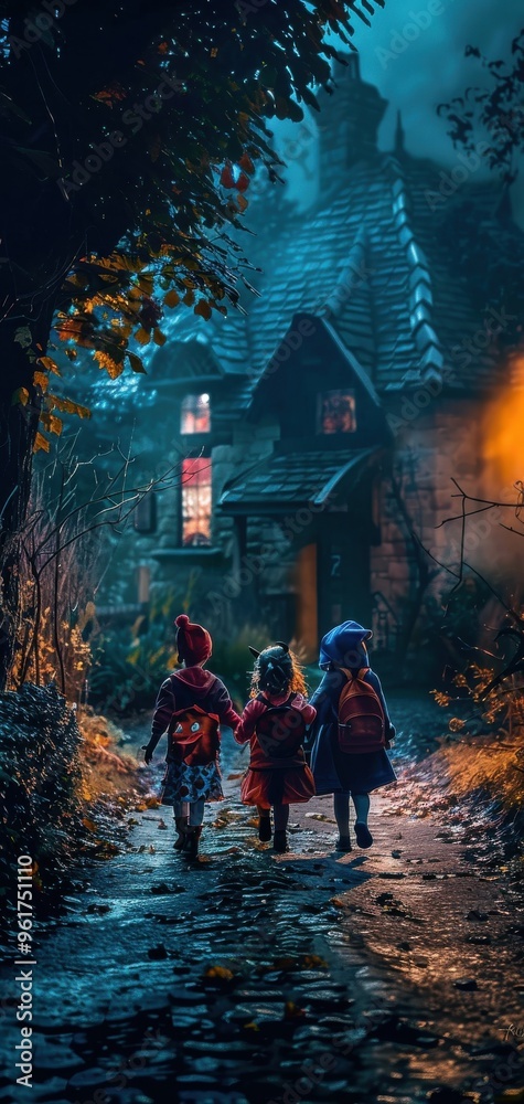 Three children in colorful attire walk towards a cozy, illuminated cottage at night, surrounded by a mysterious forest and autumn leaves. Three children in colorful attire walk towards a cozy, illuminated cottage at night, surrounded by a mysterious forest and autumn leaves.