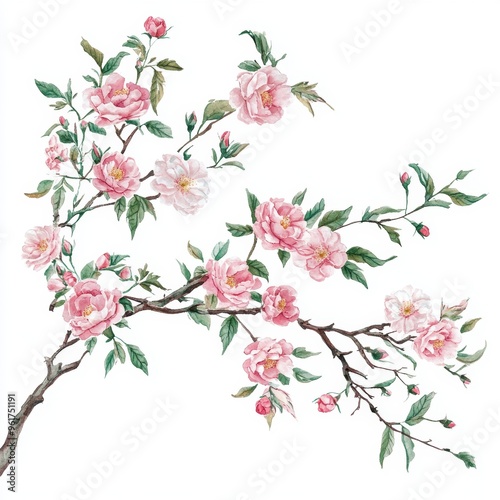 Fototapeta Naklejka Na Ścianę i Meble -  10. Sakura tree branch, adorned with roses and peonies, vibrant summer leaves, watercolor style