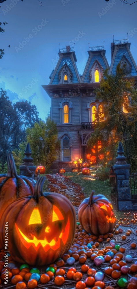 Haunted house with glowing jack-o'-lanterns and colorful decorations, capturing the spooky essence of Halloween evening. Haunted house with glowing jack-o'-lanterns and colorful decorations, capturing the spooky essence of Halloween evening.