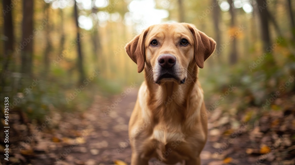 A golden dog stands on a forest path surrounded by autumn foliage. A golden dog stands on a forest path surrounded by autumn foliage.