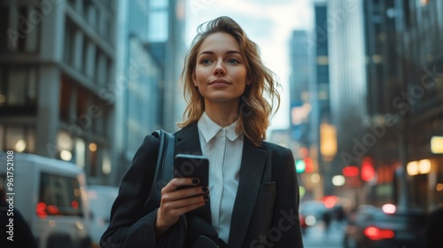 Businesswoman in City Holding Smartphone