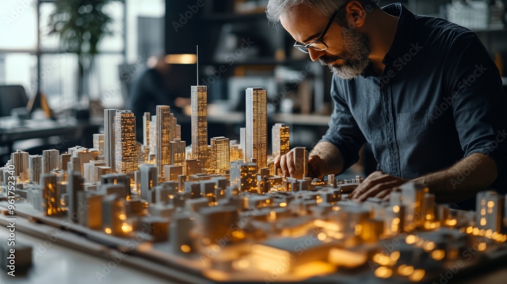 Architect working on illuminated city model Architect working on illuminated city model