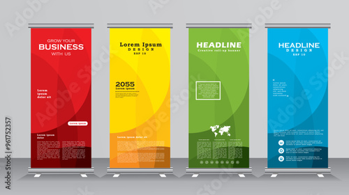 Abstract Roll up banner template set. stand banner layout, advertisement, pull up, background, display, x-banner, Vertical banner with red, yellow, green and blue colour. print ready banner set. 