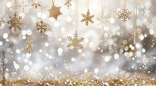 Golden snowflake ornaments hanging against a dreamy Christmas background, adorned with soft bokeh lights creating a warm, festive atmosphere. The blurred backdrop enhances the sparkle and magic scene