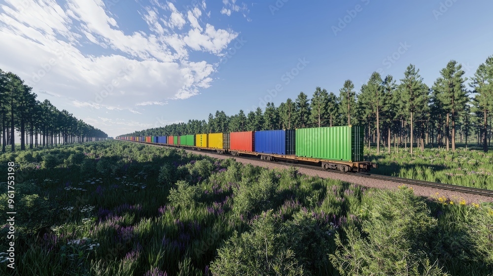 Fototapeta premium Freight train with cargo containers traveling through countryside