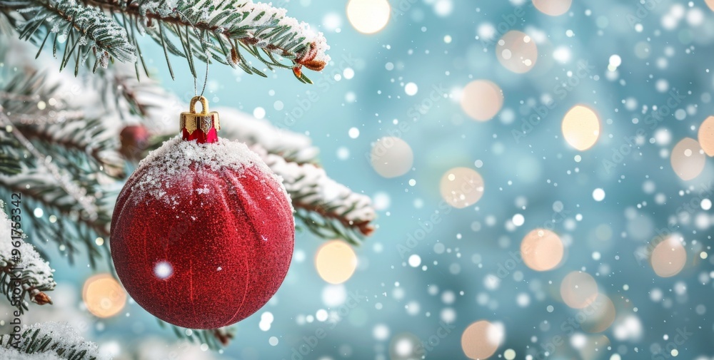 Christmas with a beautifully decorated tree adorned with red baubles and twinkling lights. Snow gently falls in the background, creating a festive and cozy atmosphere in stunning Christmas with a beautifully decorated tree adorned with red baubles and twinkling lights. Snow gently falls in the background, creating a festive and cozy atmosphere in stunning