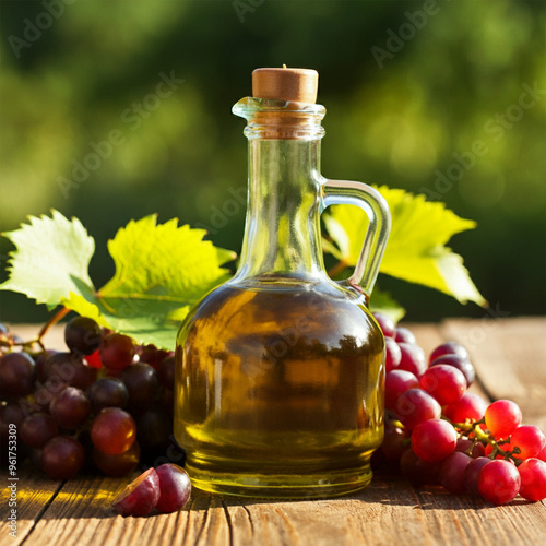 A bottle of grapeseed oil with a light green hue, surrounded by fresh grapes 