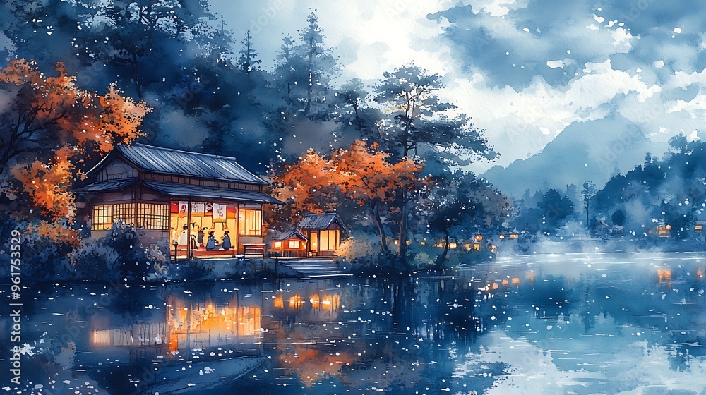 Watercolor Painting of a Japanese Village at Night with a Lake and Mountains. Watercolor Painting of a Japanese Village at Night with a Lake and Mountains.