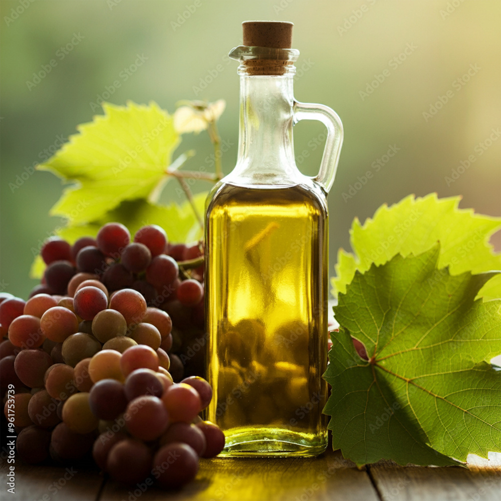 A bottle of grapeseed oil with a light green hue, surrounded by fresh grapes A bottle of grapeseed oil with a light green hue, surrounded by fresh grapes