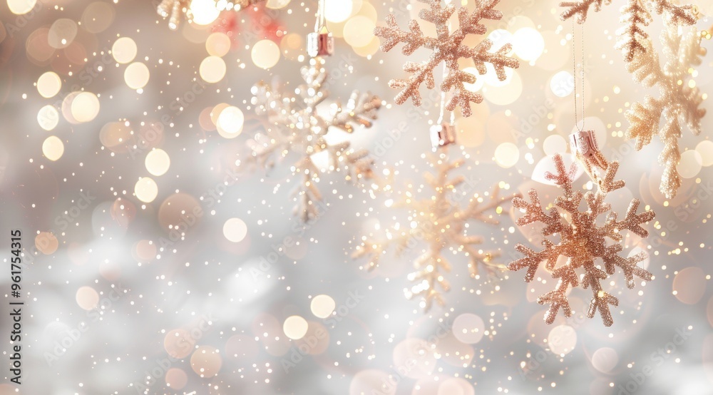 Golden snowflake ornaments hanging against a dreamy Christmas background, adorned with soft bokeh lights creating a warm, festive atmosphere. The blurred backdrop enhances the sparkle and magic scene Golden snowflake ornaments hanging against a dreamy Christmas background, adorned with soft bokeh lights creating a warm, festive atmosphere. The blurred backdrop enhances the sparkle and magic scene