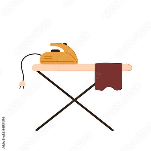 Ironing board with a plugged in iron and a brown cloth in flat style. Simple design is perfect for household themed graphic, tutorials, or cleaning products.