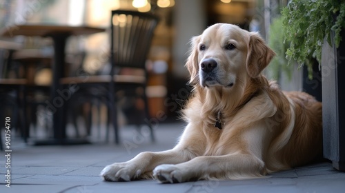 A golden retriever lounging peacefully outside a caf?.