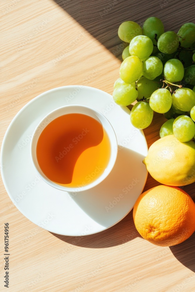 Refreshing tea surrounded by vibrant fruits on a sunlit table during a leisurely afternoon Refreshing tea surrounded by vibrant fruits on a sunlit table during a leisurely afternoon