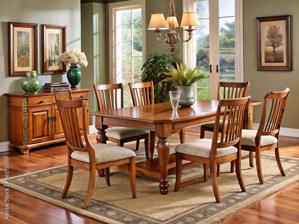 Fototapeta premium Wooden table and chairs in a traditional design, boasting intricate carvings and a rich, dark stain that adds