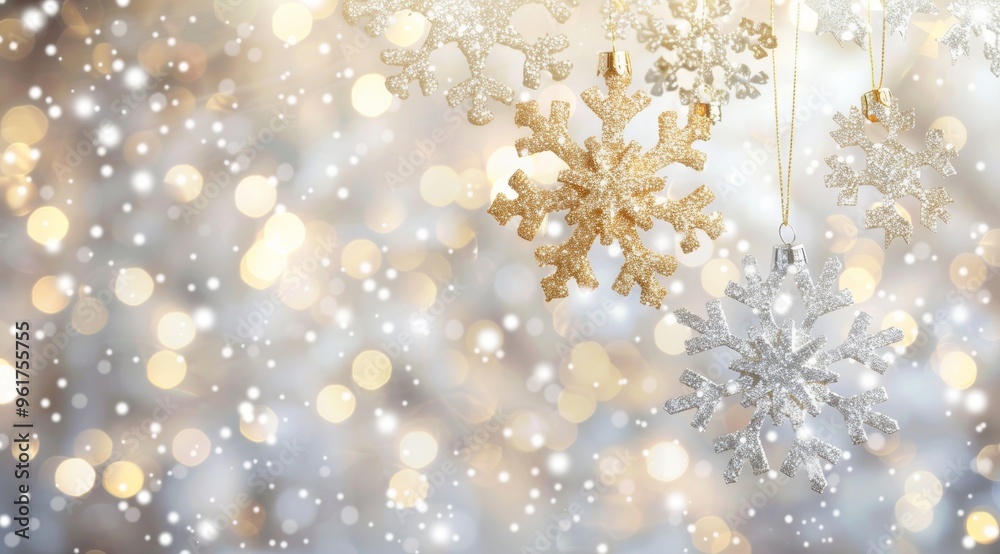Golden snowflake ornaments hanging against a dreamy Christmas background, adorned with soft bokeh lights creating a warm, festive atmosphere. The blurred backdrop enhances the sparkle and magic scene Golden snowflake ornaments hanging against a dreamy Christmas background, adorned with soft bokeh lights creating a warm, festive atmosphere. The blurred backdrop enhances the sparkle and magic scene
