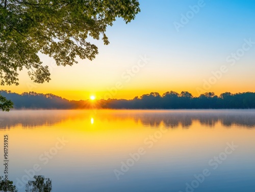 Golden sunrise reflecting on calm waters in a serene lakeside landscape at dawn