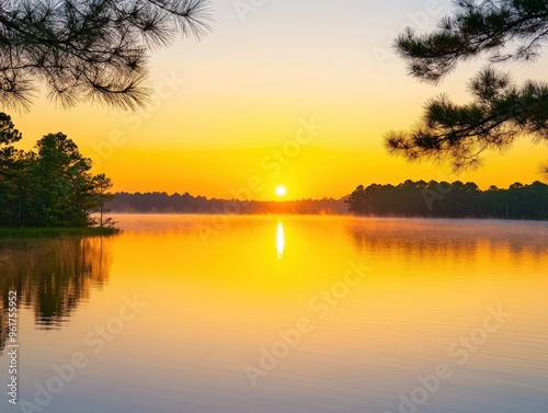 Golden sunrise over tranquil lake with silhouettes of pine trees in the early morning