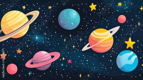 Vector image of a space scene with planets, stars, and galaxies, rendered in a vibrant and whimsical style