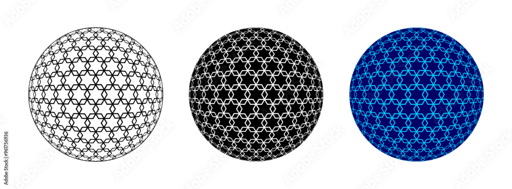  6 Stars Geometric Pattern inside Circle Ball Sphere Vector Illustration Set Isolated on White