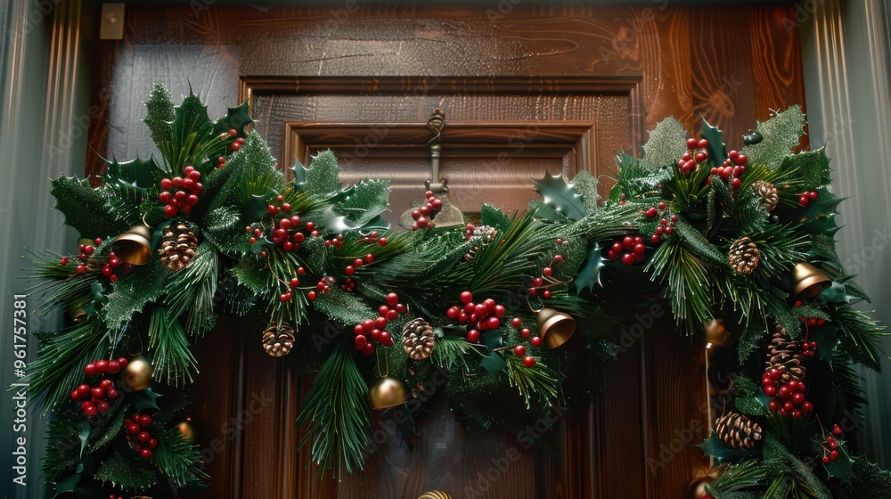 Festive Christmas door garland with green leaves, red berries, and pinecones on a wooden door, capturing holiday spirit. Festive Christmas door garland with green leaves, red berries, and pinecones on a wooden door, capturing holiday spirit.