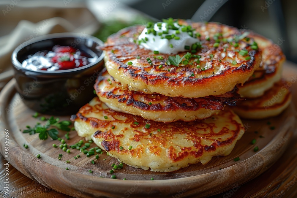 Russia: Syrniki Golden-brown cheese pancakes served with sour cream and a side of berry jam. Russia: Syrniki Golden-brown cheese pancakes served with sour cream and a side of berry jam.