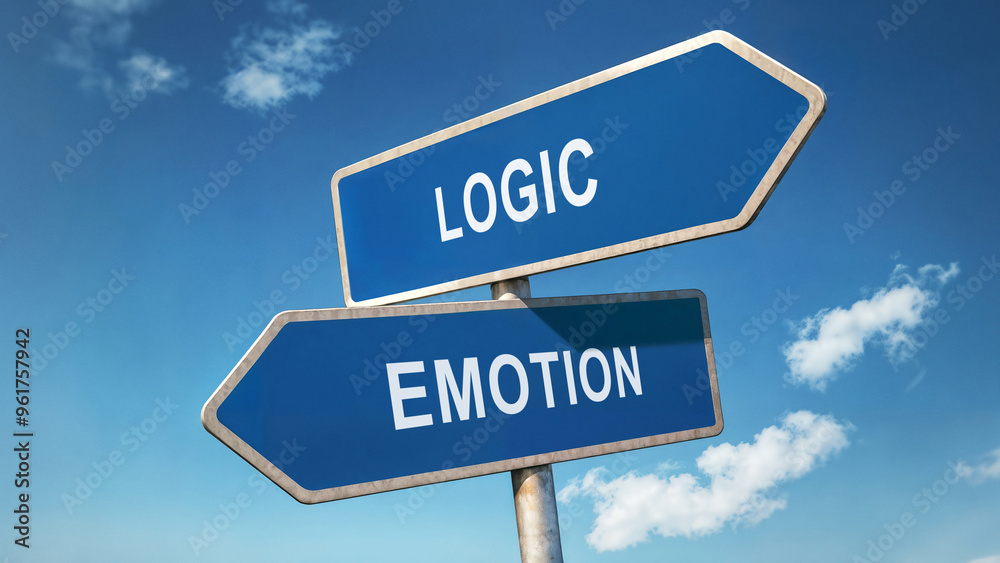 Fototapeta premium Two directional road signs with logic and emotion options, symbolic crossroads under a blue sky, decision-making concept, choosing between rational thinking and feelings represented by signpost choice