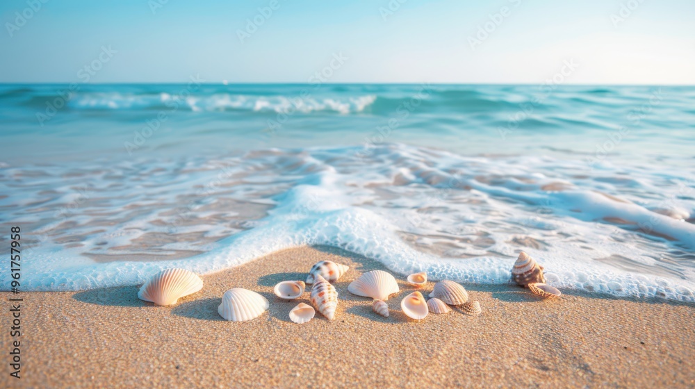 Beautiful seashells scattered on a sandy beach with gentle ocean waves in the background, evoking a sense of tranquility. Beautiful seashells scattered on a sandy beach with gentle ocean waves in the background, evoking a sense of tranquility.