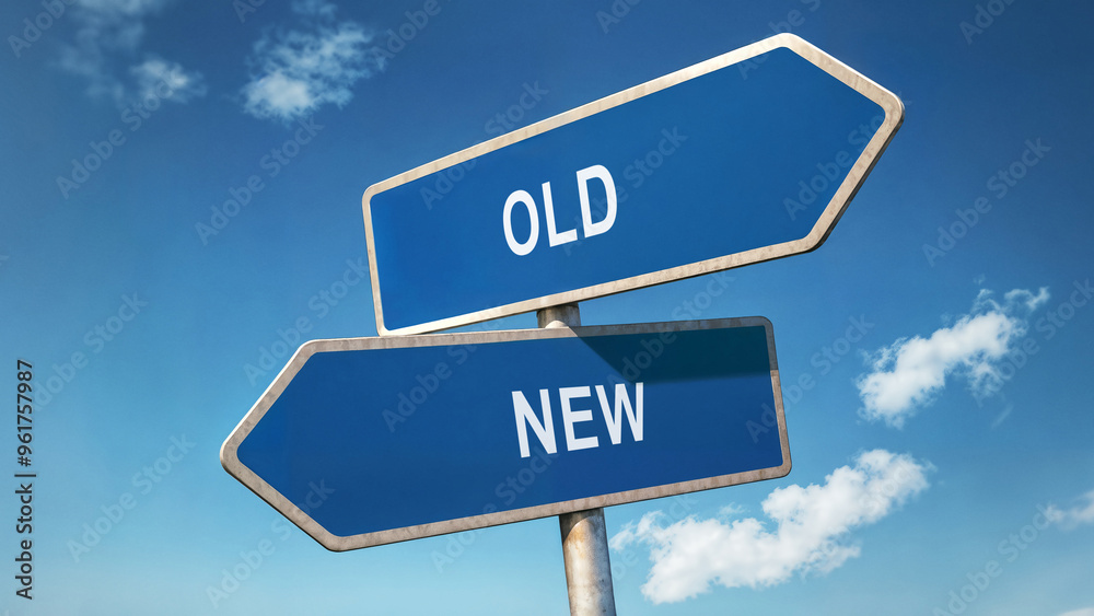 Two directional road signs with old and new options, symbolic crossroads under a clear blue sky, decision-making concept, choosing between tradition and innovation represented by signpost choice Two directional road signs with old and new options, symbolic crossroads under a clear blue sky, decision-making concept, choosing between tradition and innovation represented by signpost choice