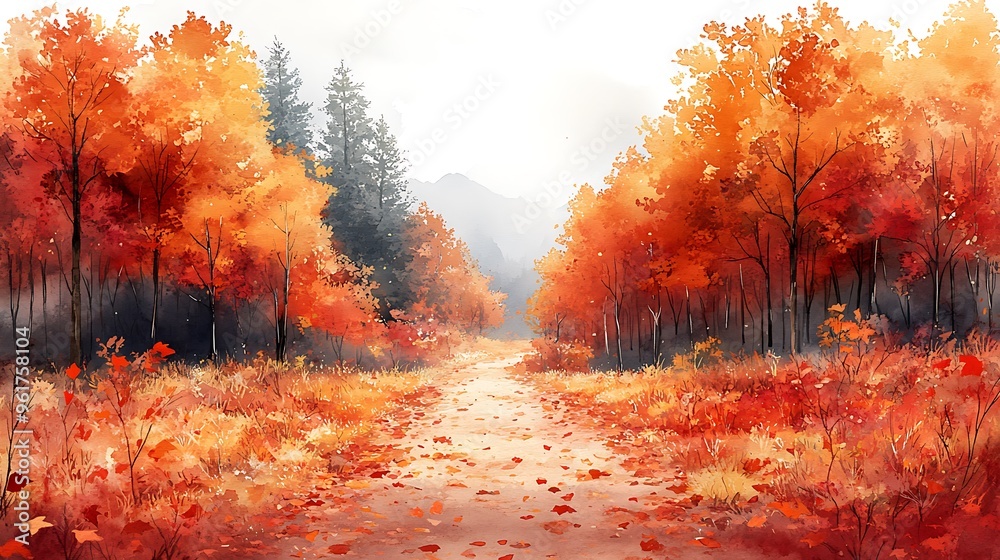 Autumn Path Through a Forest of Red and Orange Leaves. Autumn Path Through a Forest of Red and Orange Leaves.