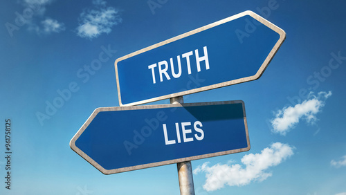 Two directional road signs with truth and lies options, symbolic crossroads under a clear blue sky, decision-making concept, choosing between honesty and deception represented by signpost choice