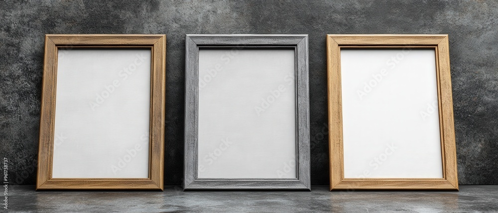Three Blank Picture Frames Mockup with Wood and Silver Frames on Dark Background