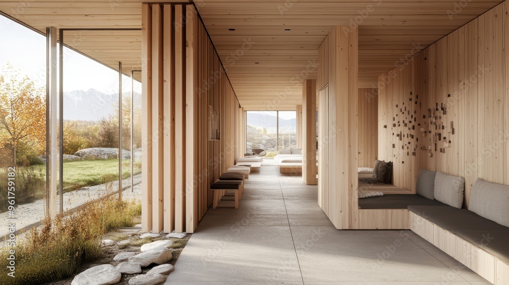 Modern Minimalist Wooden Hallway Design with Large Windows and Mountain Views Modern Minimalist Wooden Hallway Design with Large Windows and Mountain Views