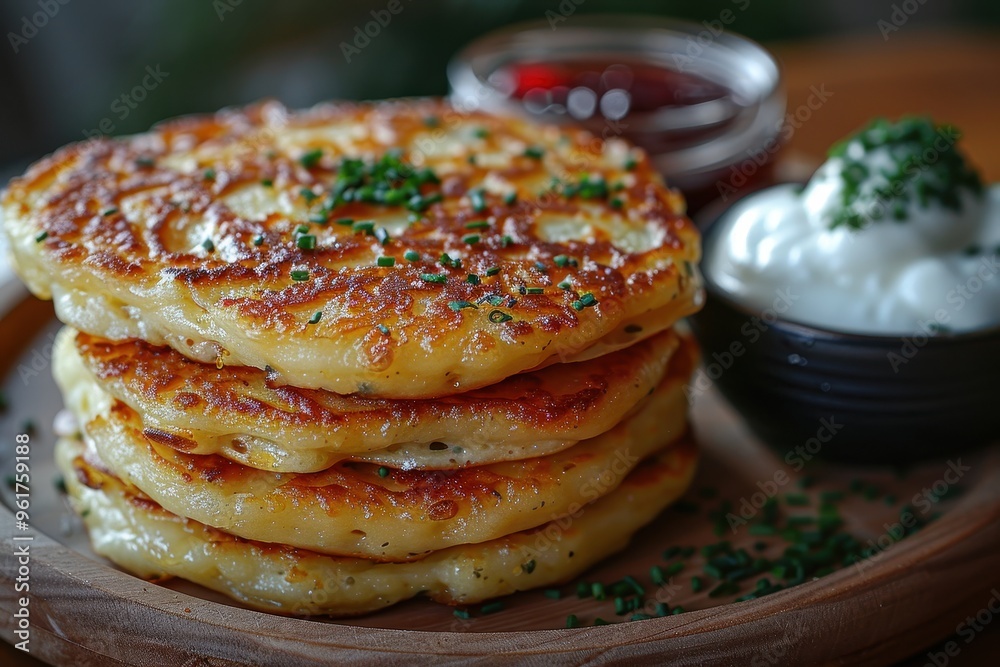 Russia: Syrniki Golden-brown cheese pancakes served with sour cream and a side of berry jam. 
