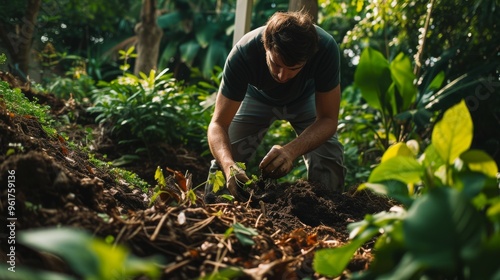 A dedicated man kneels in a vibrant green garden, carefully planting new seedlings. Surrounded by thriving plants, this image captures the essence of nurturing nature, perfect for promoting