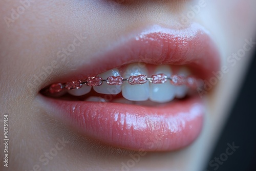 Woman smiling showing braces on teeth closeup view