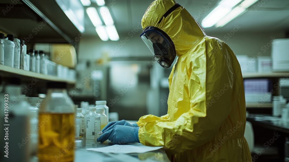 Scientist in Protective Gear Working in Laboratory Scientist in Protective Gear Working in Laboratory