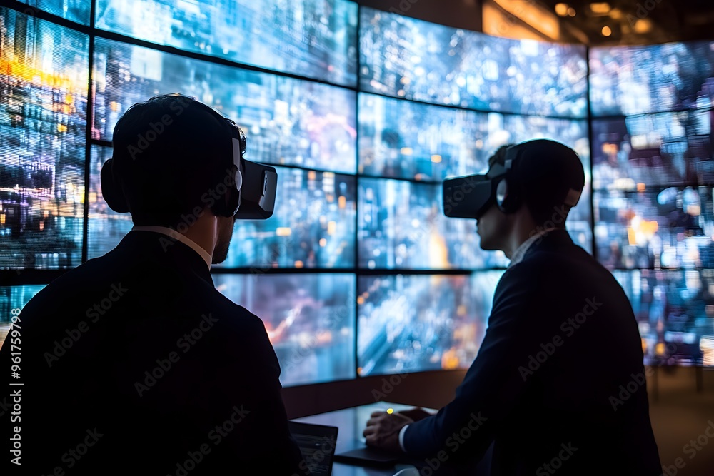 Two Men Wearing VR Headsets Look at a Wall of Screens Two Men Wearing VR Headsets Look at a Wall of Screens