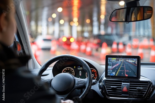 Man driving modern car with navigation system on the screen during traffic jam