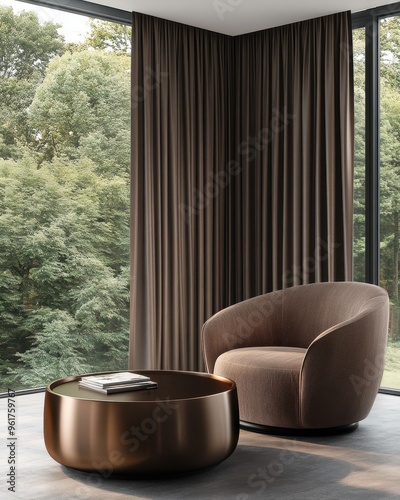 Modern Living Room Design with Brown Armchair, Coffee Table, and FloortoCeiling Curtains
